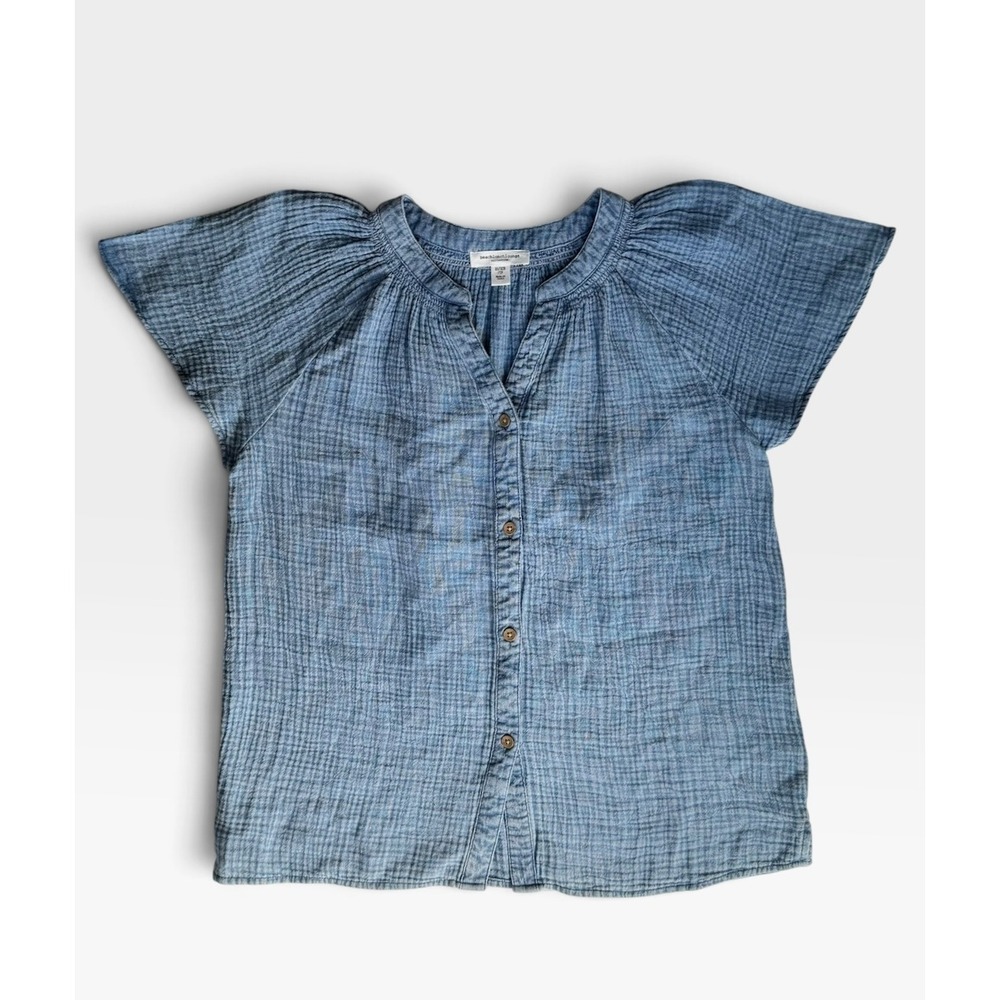 BeachLunchLounge XS Blue Cotton Gauze Button Front Top Flutter Sleeve Coastal